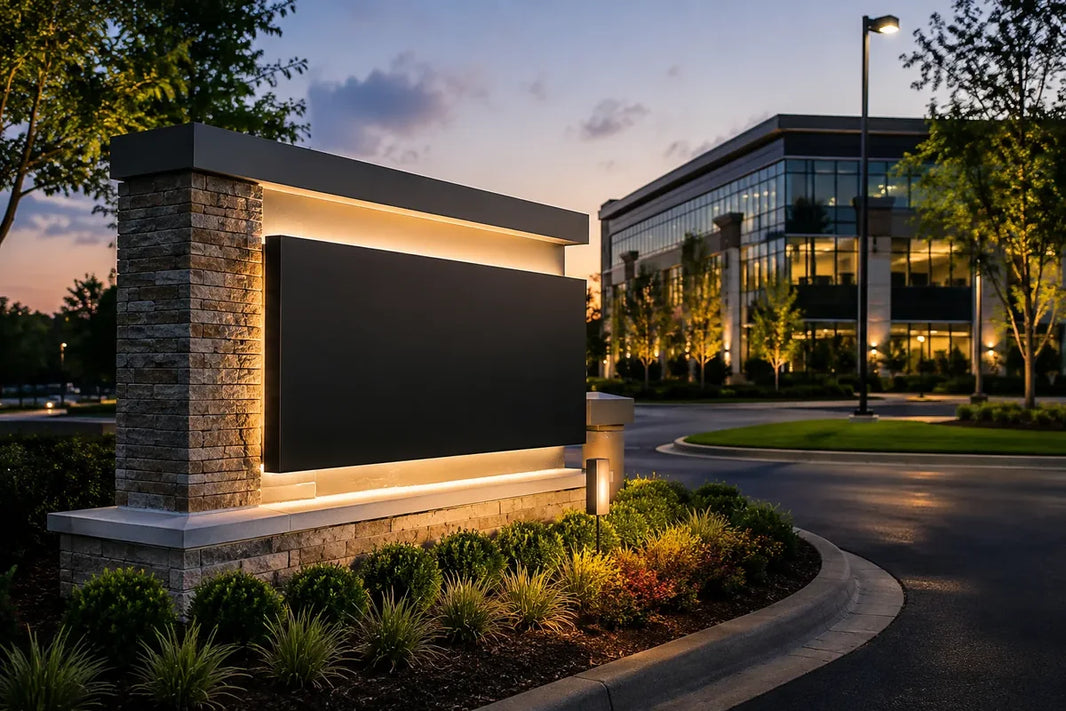 Conceptual editorial illustration of a monument sign with stone and metal materials in a business park at dusk.
