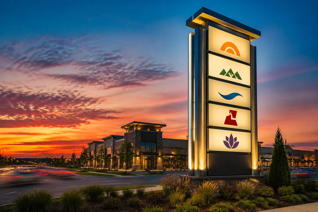 Conceptual illuminated multi-tenant pylon sign beside a commercial property at dusk.