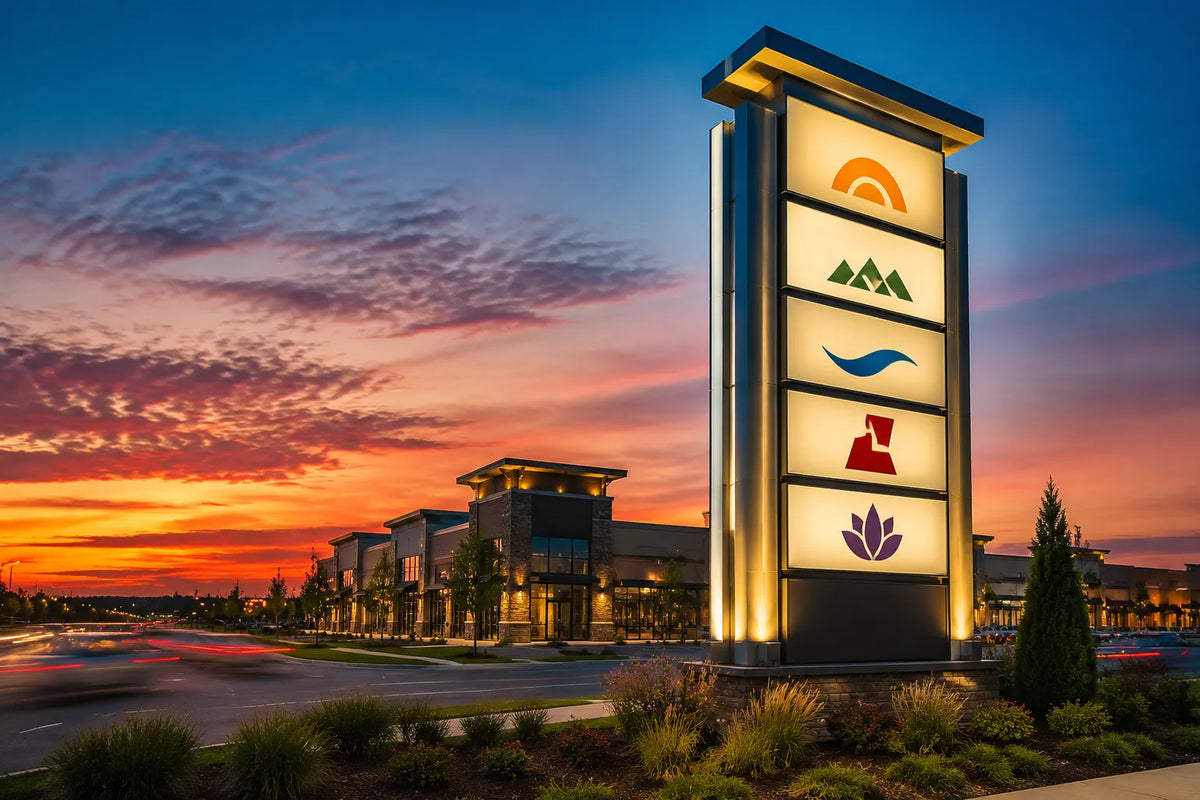Conceptual illuminated multi-tenant pylon sign beside a commercial property at dusk.