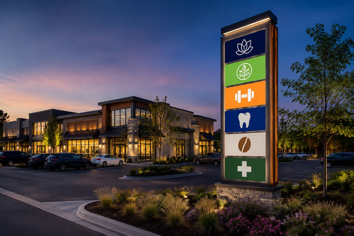 Conceptual view of an illuminated multi-tenant freestanding sign outside a commercial property at dusk.
