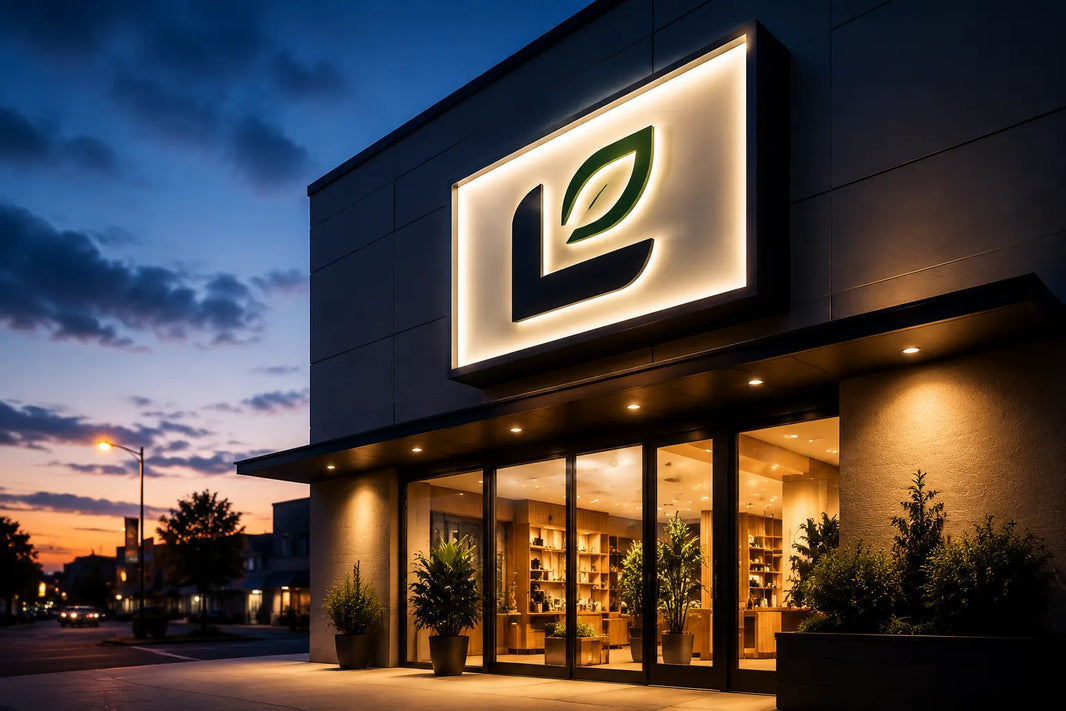 Conceptual view of an illuminated cabinet sign on a commercial storefront at dusk.
