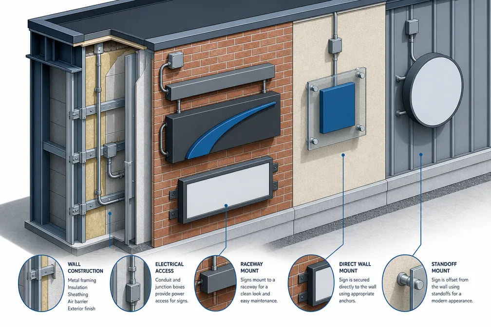 Conceptual isometric illustration showing exterior wall construction and sign mounting approaches presented as separate planning layers.