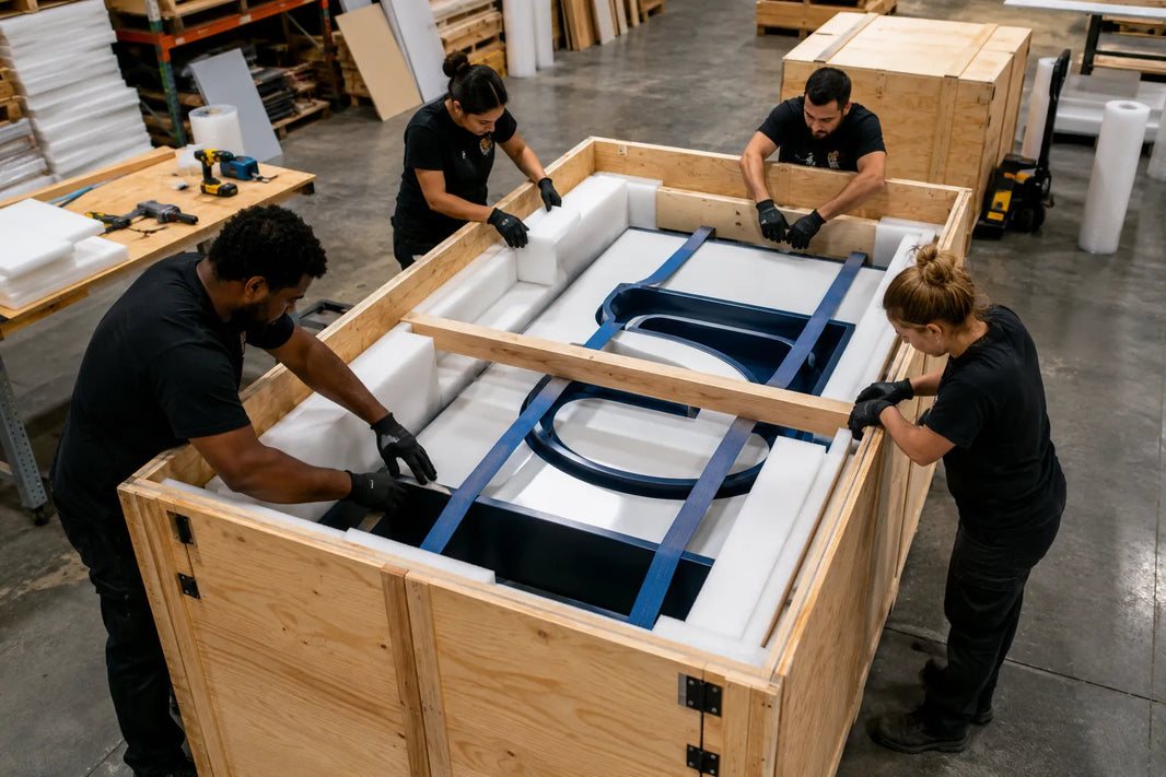 Conceptual view of technicians preparing a large commercial sign for shipment inside a custom wooden crate.