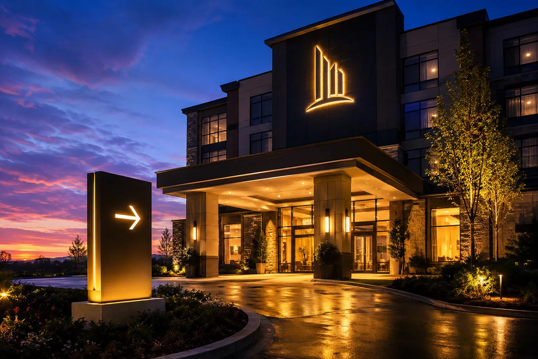 Conceptual view of a hotel exterior at dusk with illuminated building identification and a ground-level identification sign near the entrance drive.