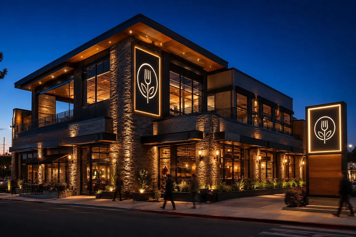 Conceptual view of a restaurant building at dusk with illuminated building identification and an illuminated cabinet sign on the facade.