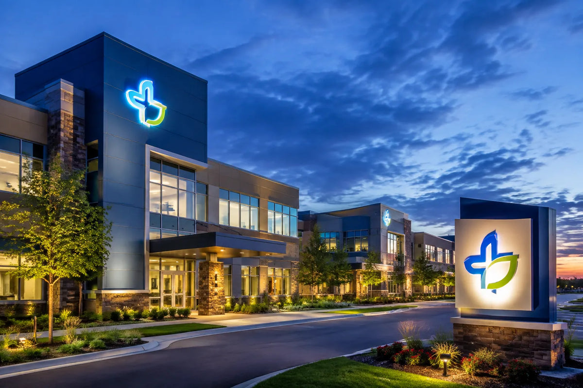 Conceptual view of a multi-building medical office property at dusk with illuminated exterior identification signage.