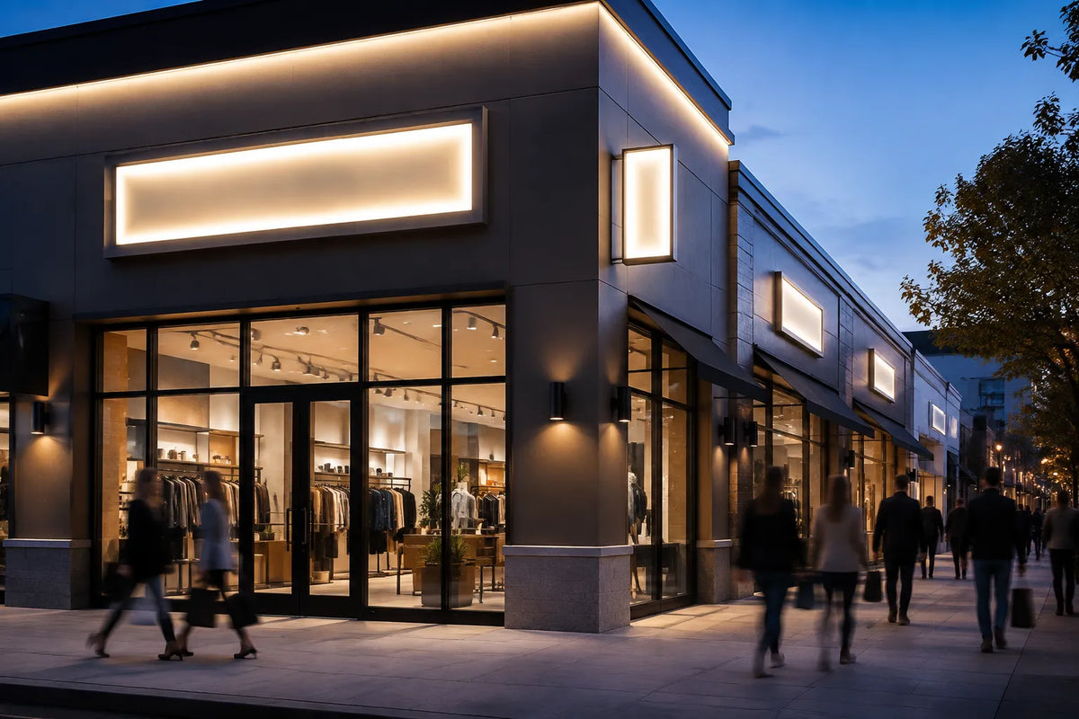 Conceptual view of a modern retail storefront at twilight with illuminated exterior identification signage.