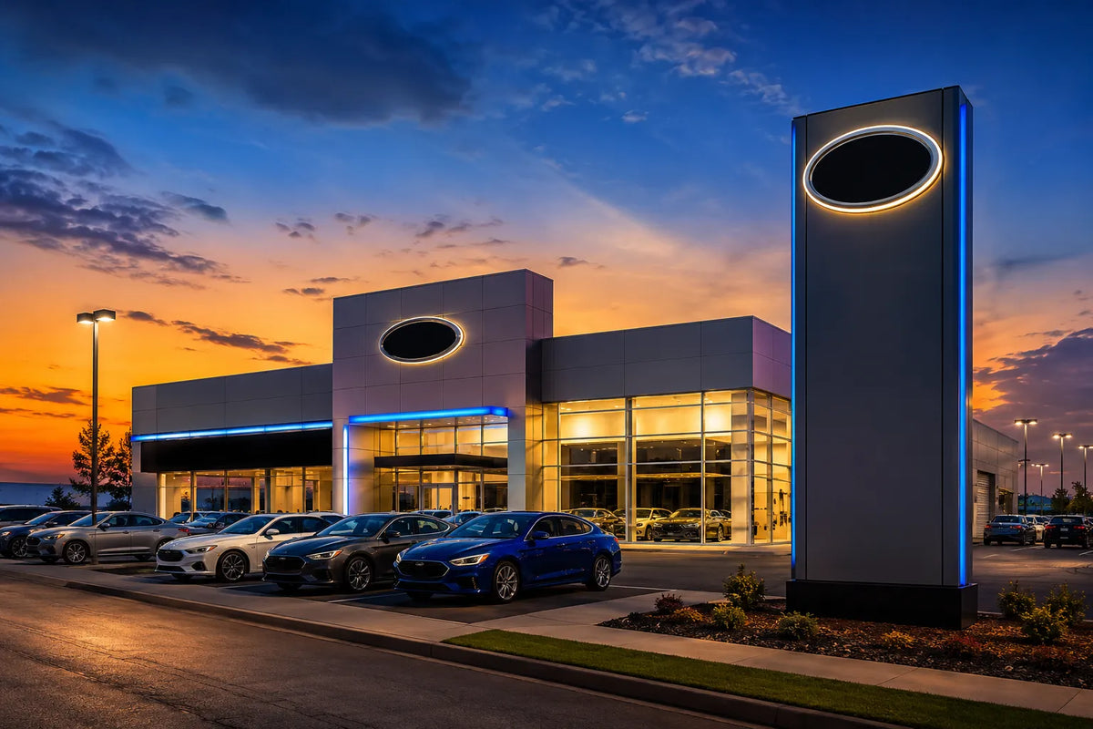 Conceptual view of an auto dealership property at dusk with illuminated building identification and roadside signage.