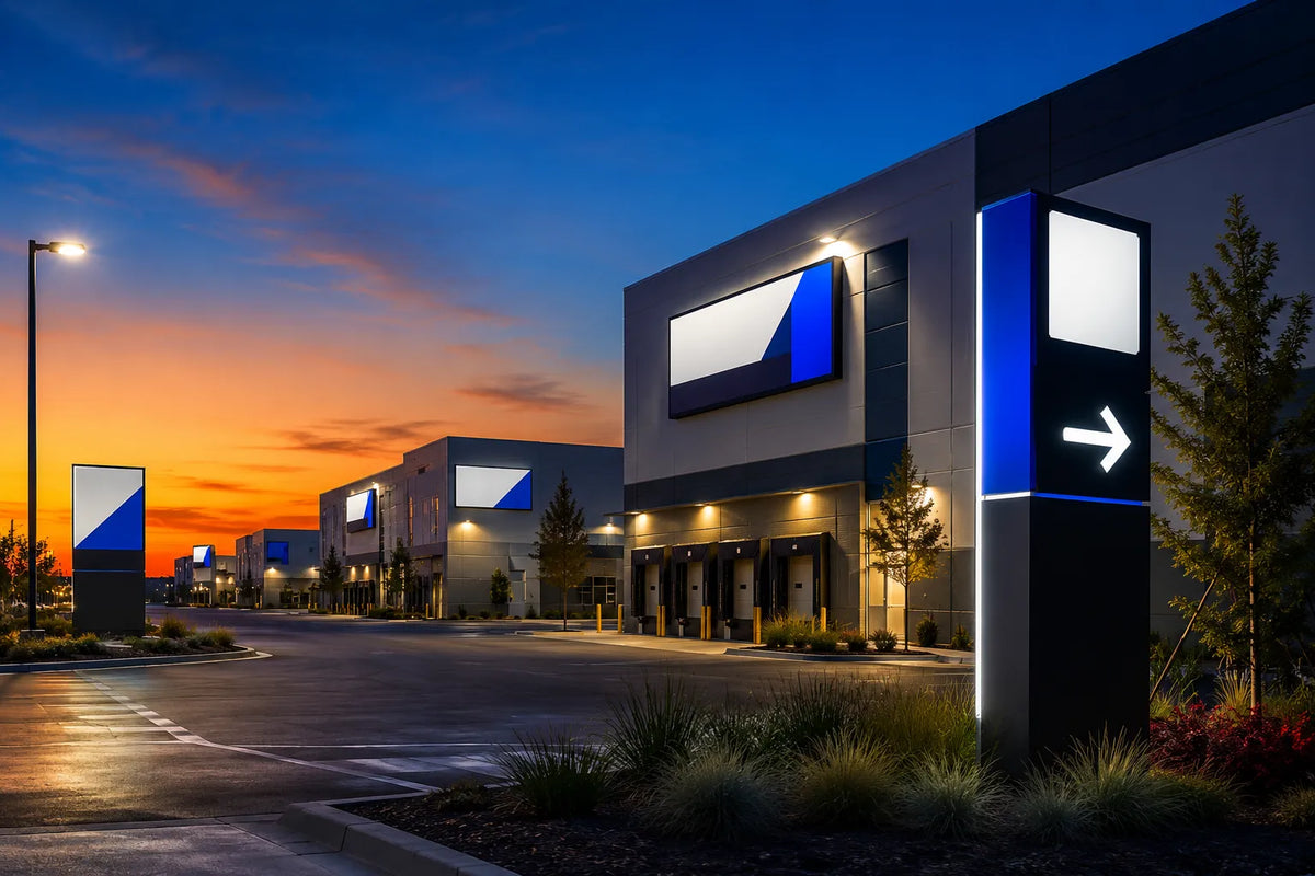 Conceptual view of an industrial park at dusk with illuminated building identification signage on multiple structures.