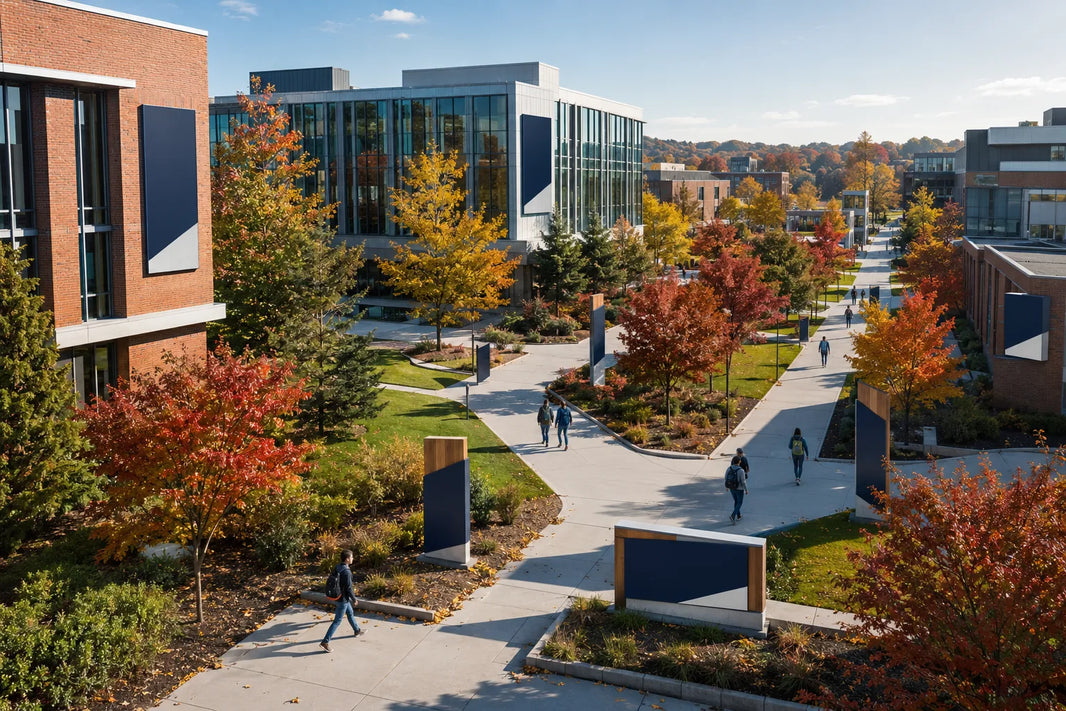 Conceptual aerial view of a campus showing building identification signs and pedestrian wayfinding posts along walkways.