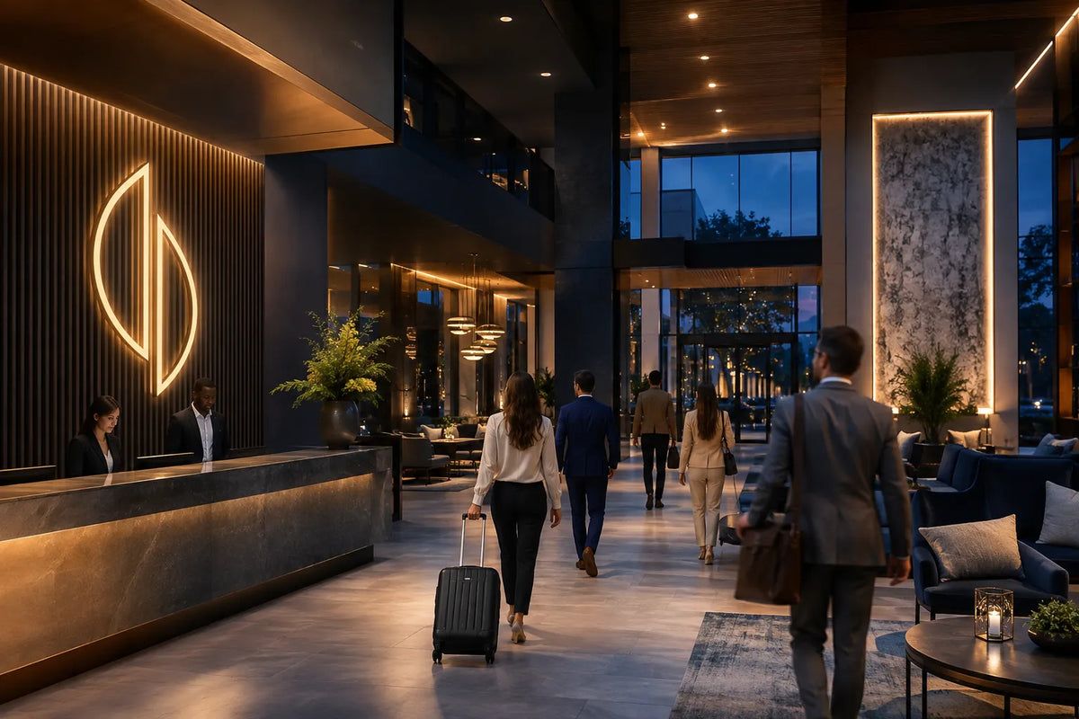 Conceptual view of a hotel lobby with illuminated exterior lettering visible beyond, during an evening light transition.