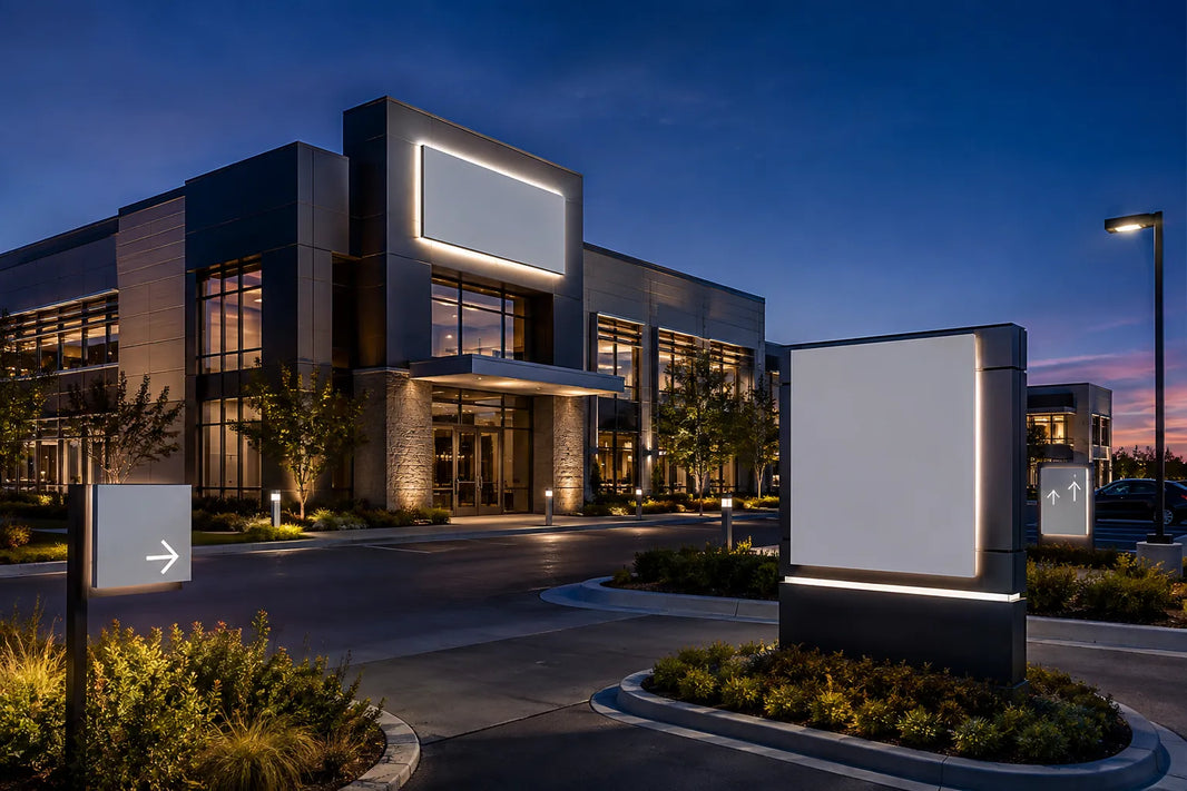Conceptual view of a commercial complex at dusk with building lettering, a freestanding entrance sign, and lit wayfinding markers.
