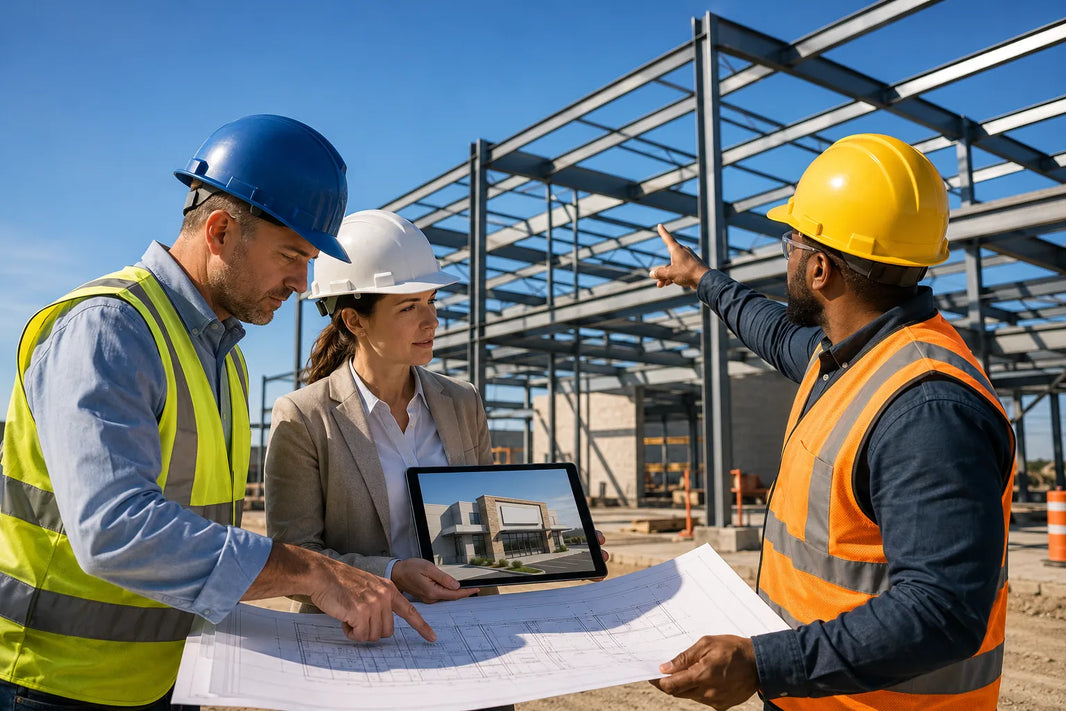 Conceptual view of an early-stage construction site with an owner, an architect, and a contractor reviewing drawings.