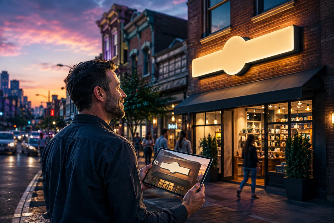 Conceptual view of a business owner reviewing a preliminary sign concept on a tablet in front of a storefront at dusk.