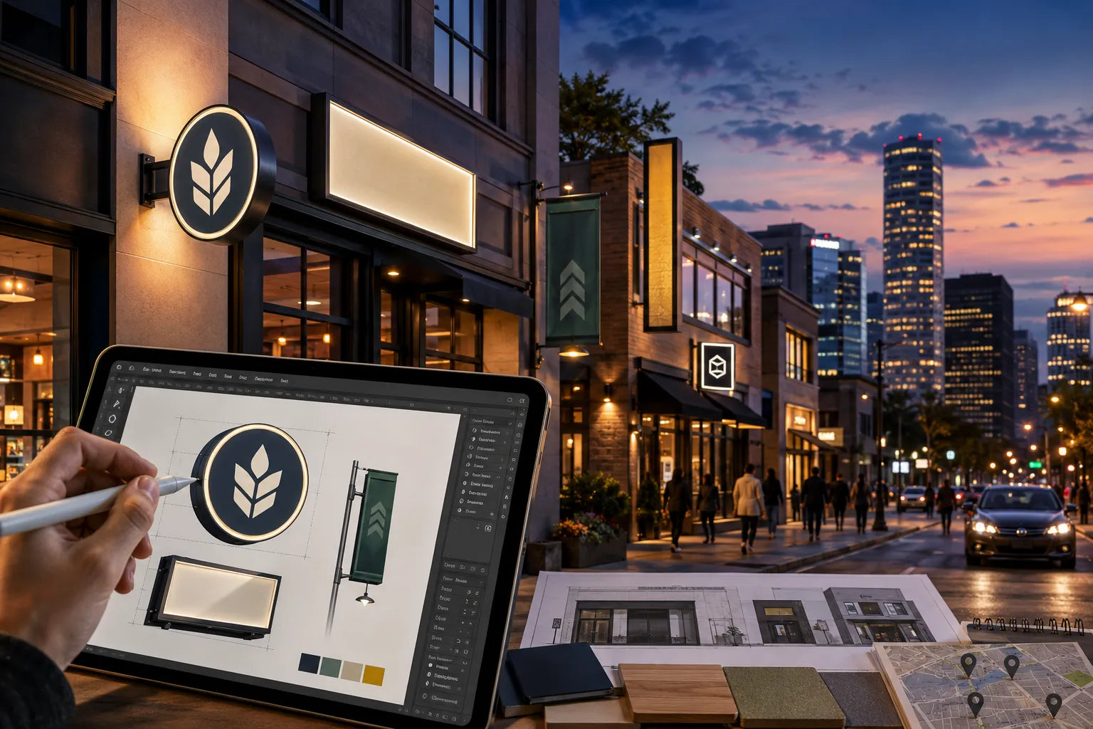 Conceptual scene showing a logo mark being prepared on a tablet beside blank storefront sign shapes at dusk.