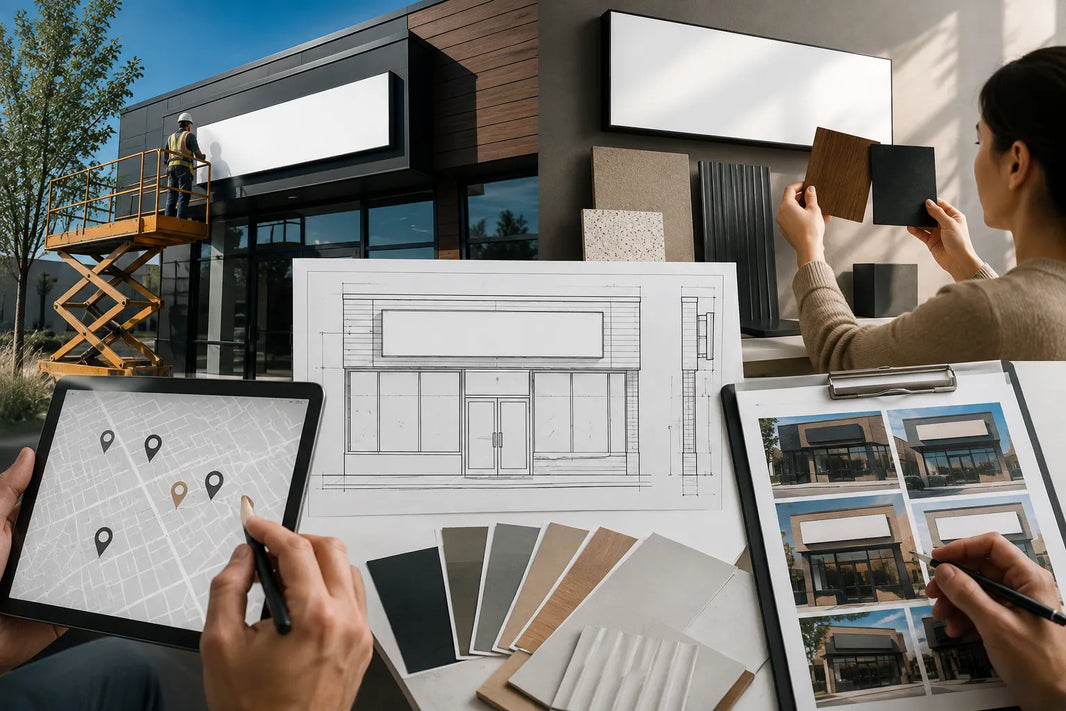 Conceptual planning scene showing a storefront elevation drawing, material and finish samples, and blank sign faces under review.