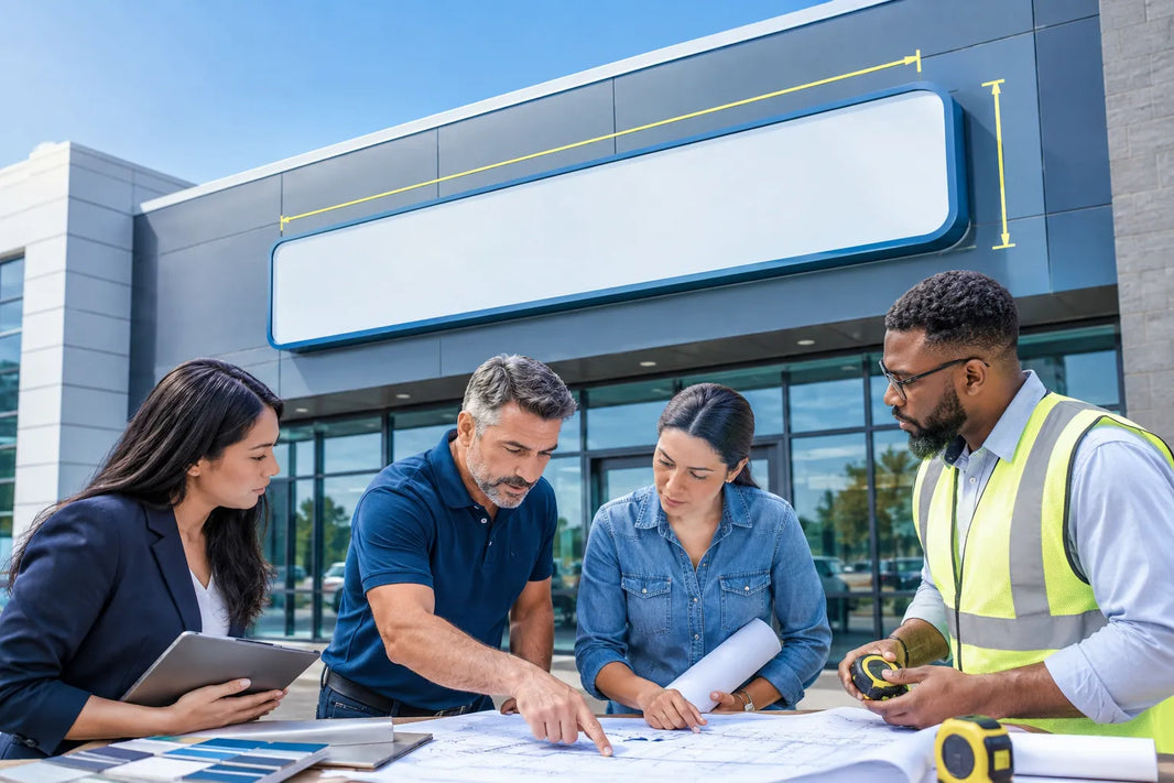 Conceptual planning scene showing a project team reviewing drawings and dimensions in front of a commercial building with a blank sign panel.