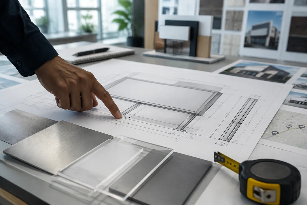 Conceptual illustration of a sign drawing under review on a desk with material samples and a measuring tape.