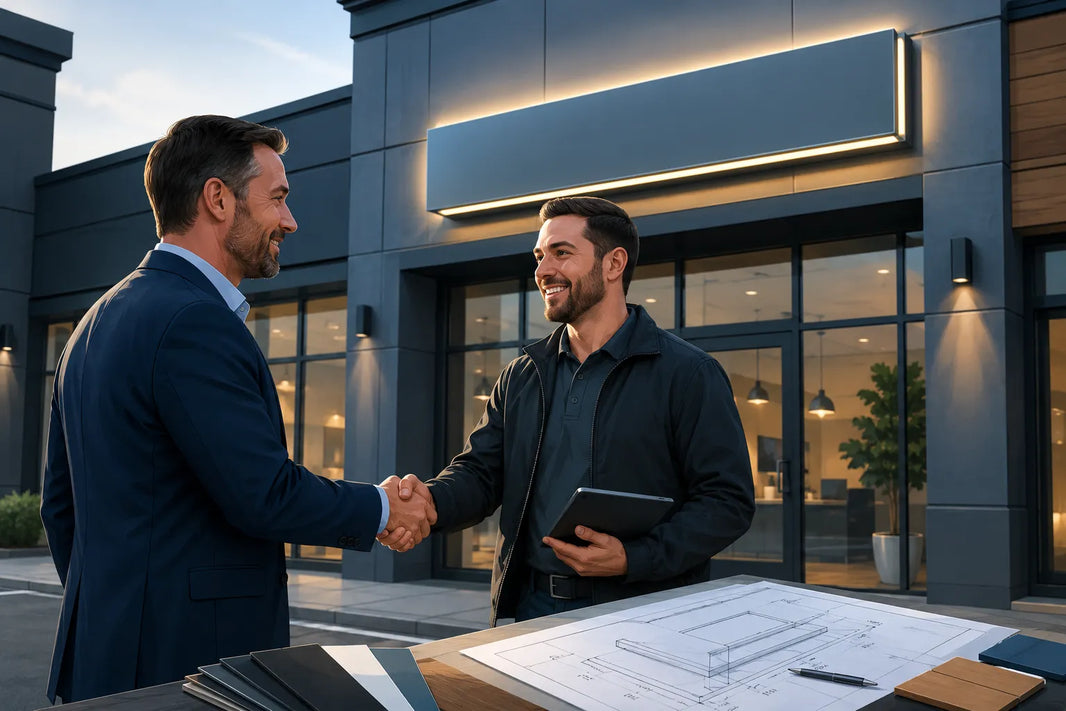 Conceptual illustration of a business owner and a sign project coordinator meeting outside a storefront with project documents at hand.