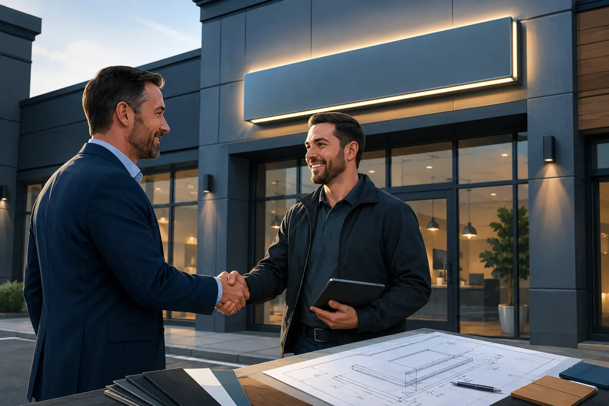 Conceptual illustration of a business owner and a sign project coordinator meeting outside a storefront with project documents at hand.