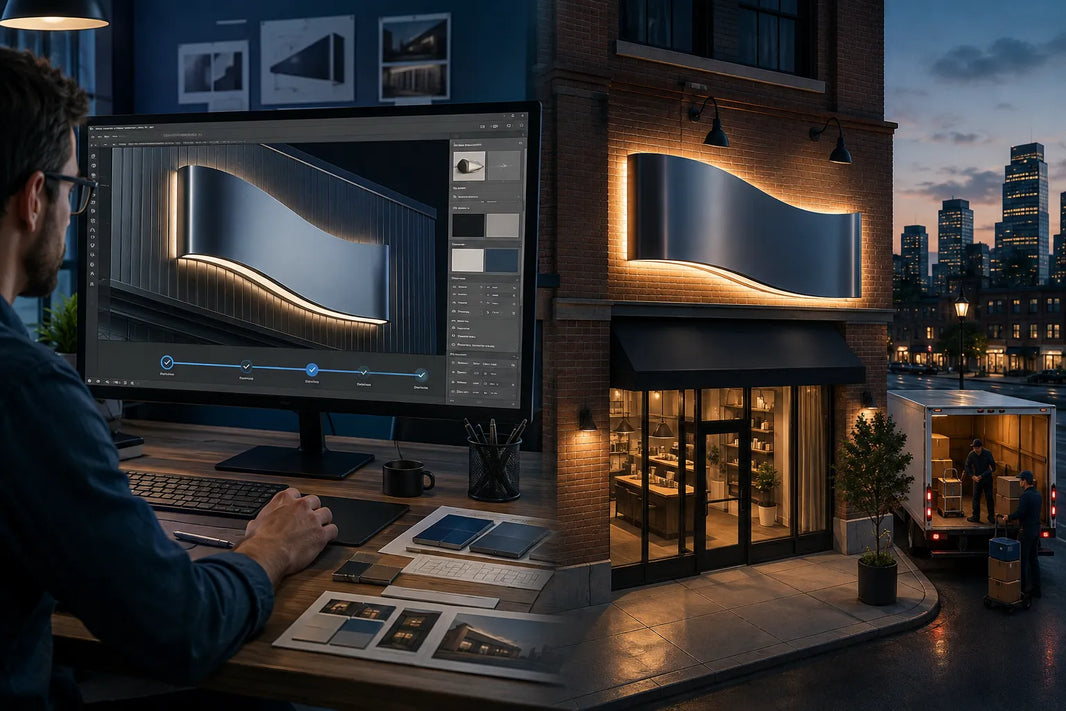 Conceptual illustration contrasting a sign being designed on screen with a finished sign on a commercial building facade.