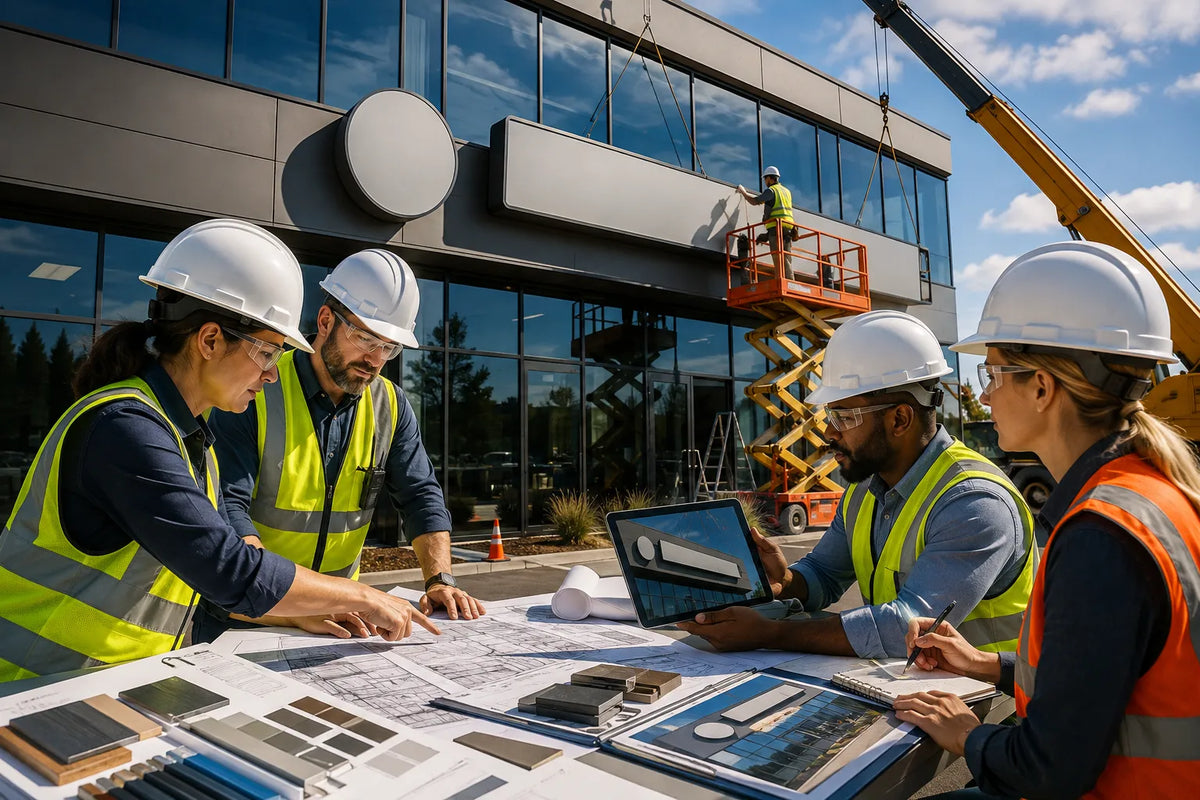 Conceptual illustration of a project team in safety gear reviewing plans at a commercial building where sign work is being coordinated.