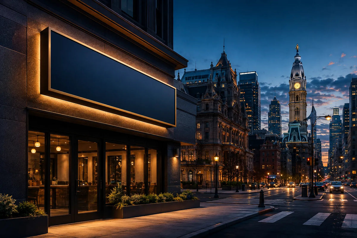 Conceptual dusk view of a commercial street with an illuminated building sign, presented as a planning illustration rather than a specific project.