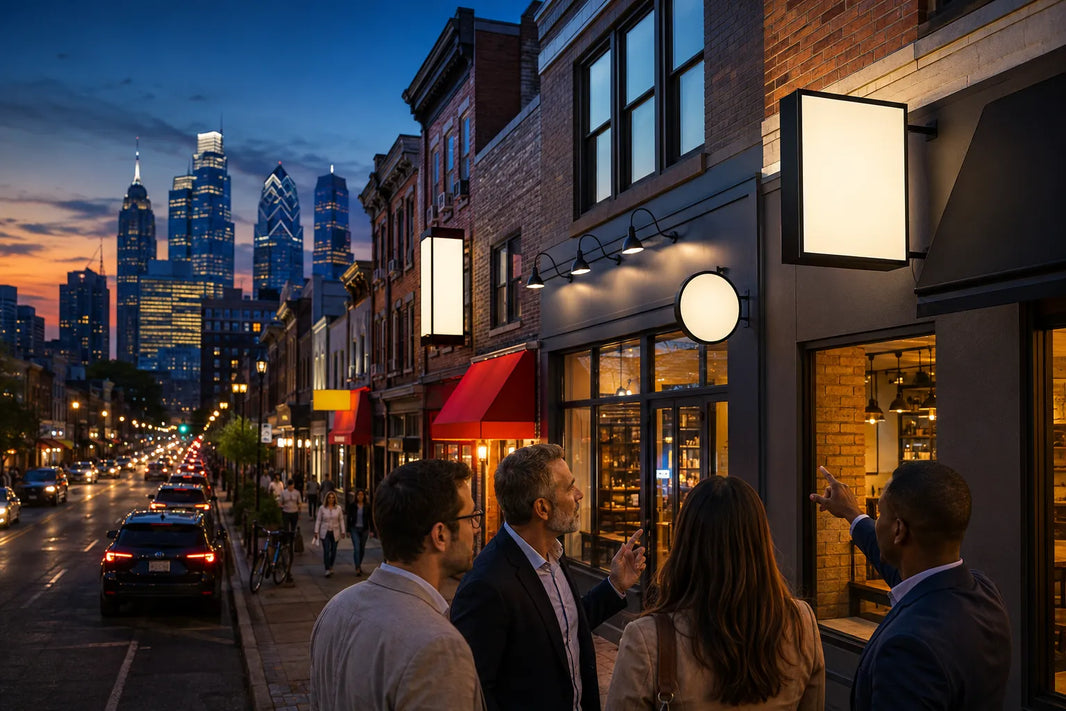 Conceptual dusk view of a commercial street showing several illuminated storefront sign types, presented as a planning illustration.