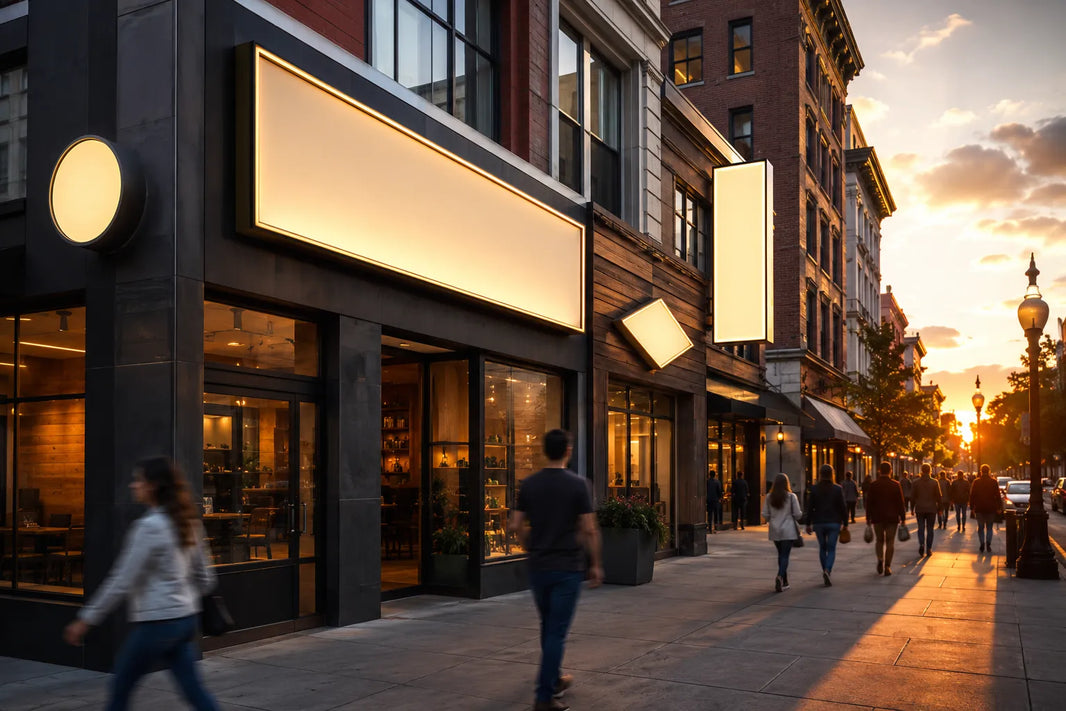 Conceptual view of a commercial storefront with illuminated signs on an urban street, presented as a regional planning illustration.