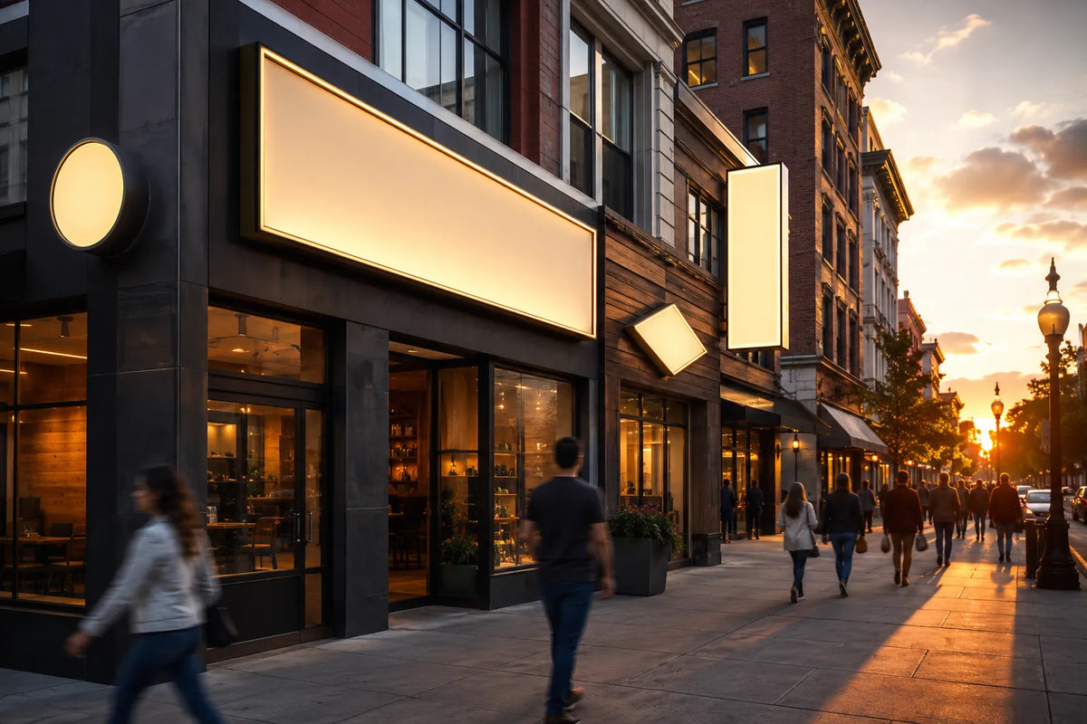 Conceptual view of a commercial storefront with illuminated signs on an urban street, presented as a regional planning illustration.