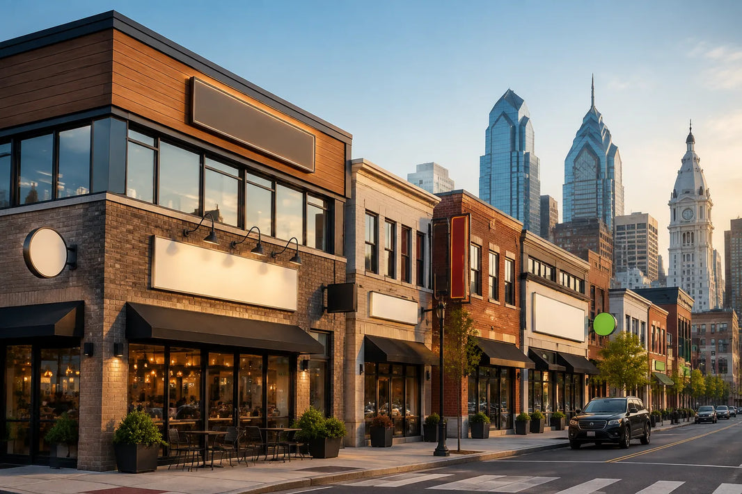 Conceptual view of a commercial building with several storefront sign types at different scales, presented as a multi-location planning illustration.