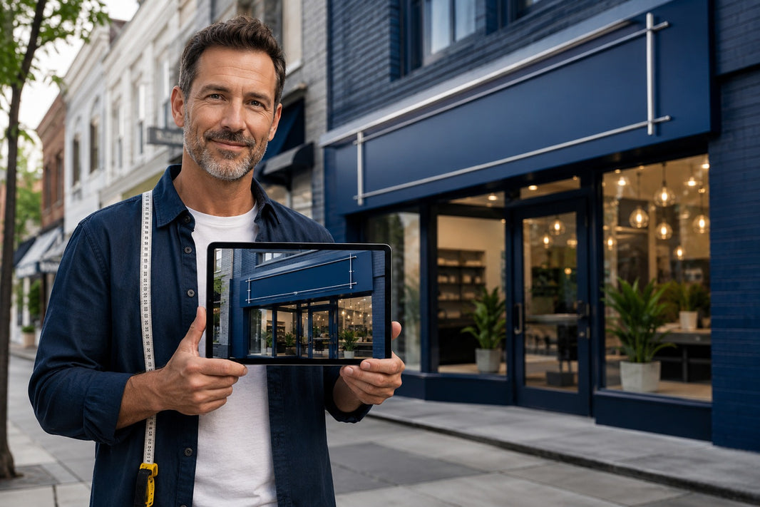 Business owner outside a modern storefront holding a tablet that displays a custom sign mockup, with a measuring tape nearby on an urban commercial street.