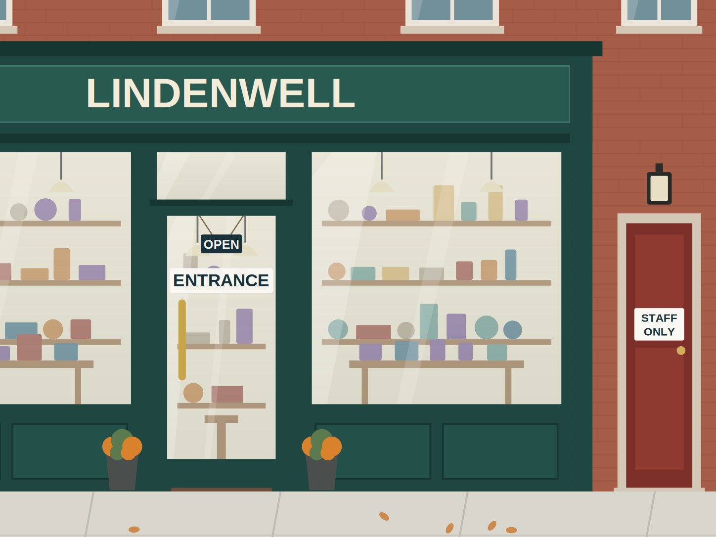 Illustration of the storefront in daylight, with the name, entrance label and staff-only plaque readable.